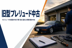 旧型の2ドアクーペと整備記録簿が置かれた整備工場の前