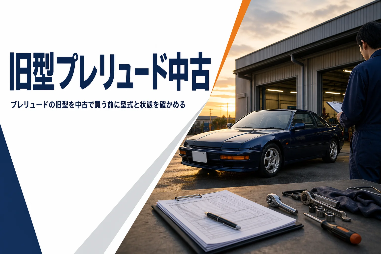 旧型の2ドアクーペと整備記録簿が置かれた整備工場の前