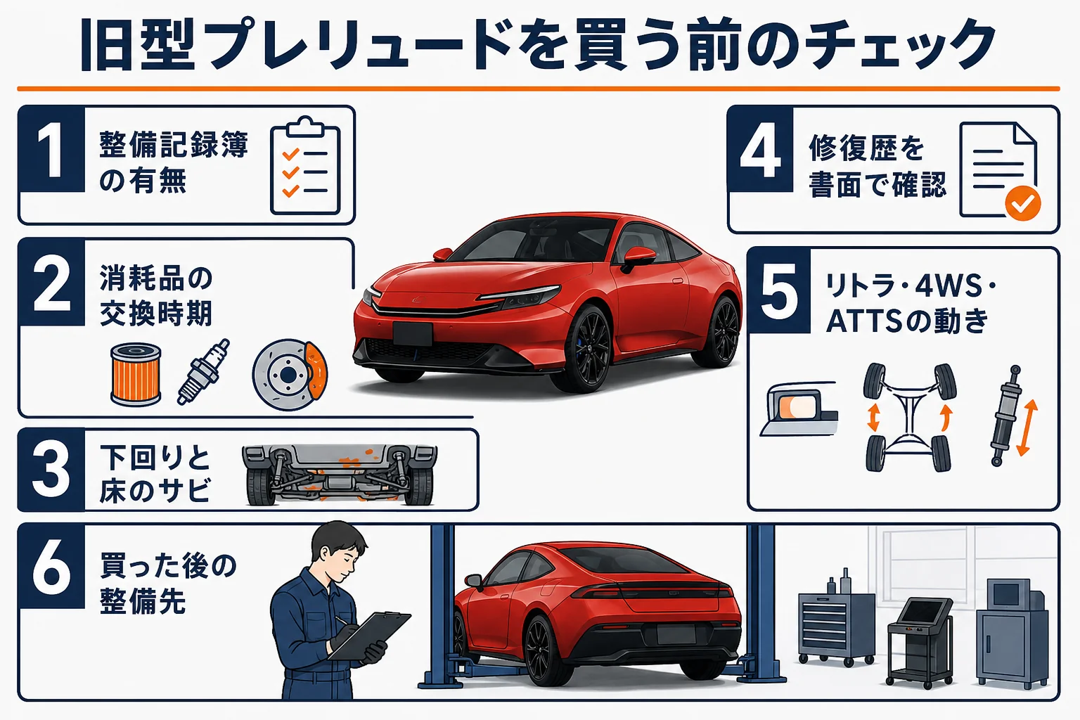 旧型プレリュードの中古を買う前に確認する6つの項目の図解