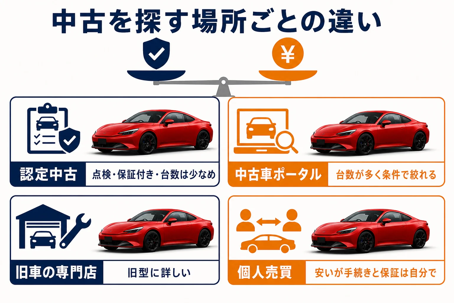 プレリュードの中古を探す場所ごとの違いをまとめた図解