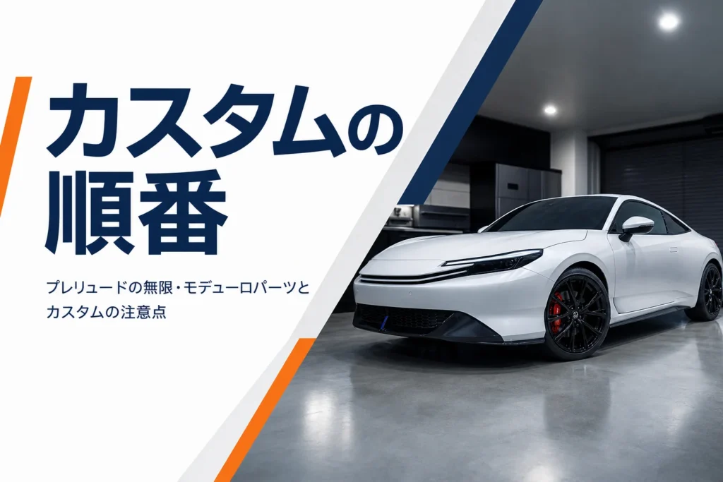 ガレージの白いクーペの足元とカスタムの順番という見出し