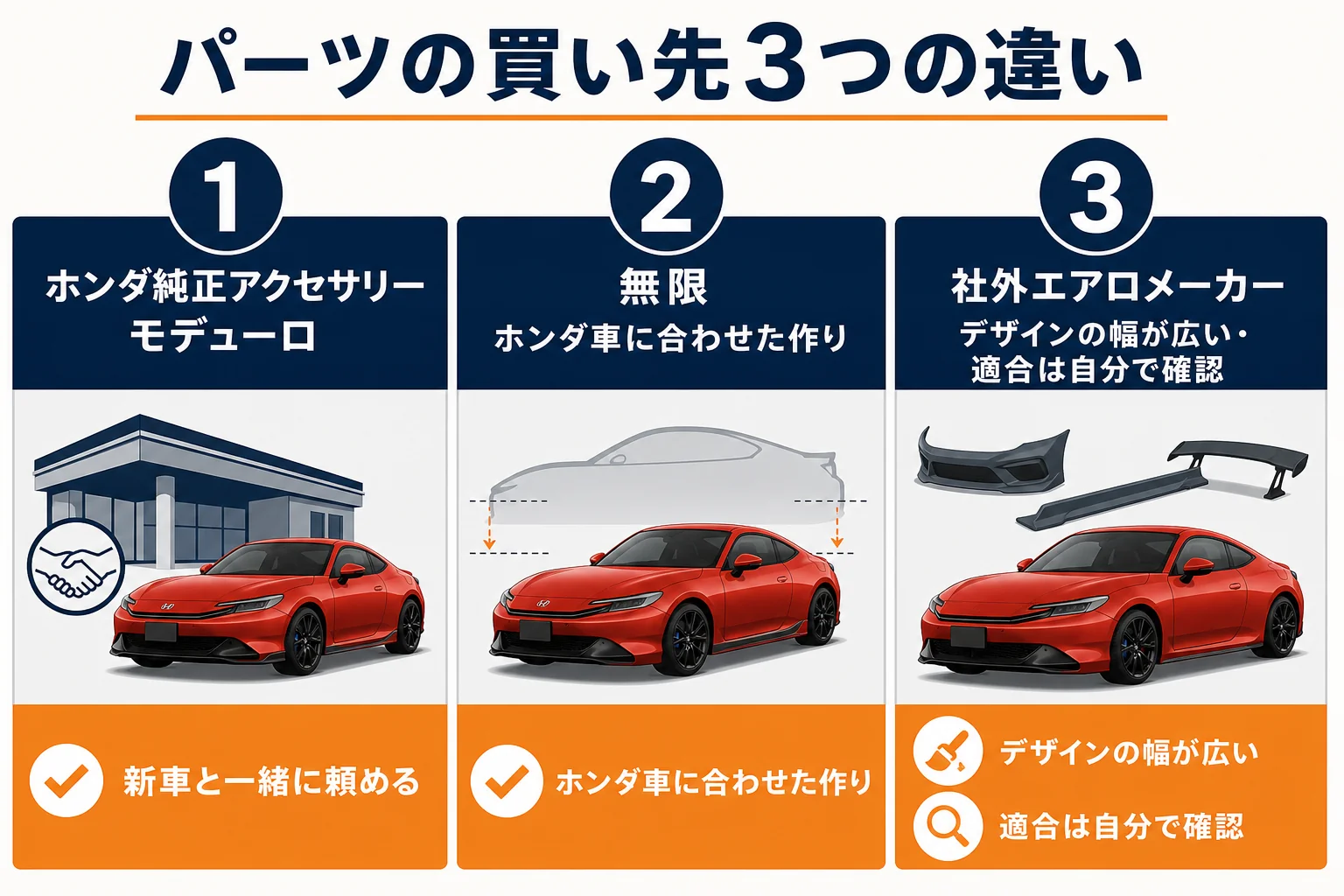純正アクセサリー・無限・社外メーカーの違いを比べた図解