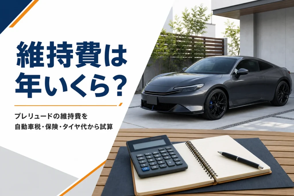 駐車場のクーペと電卓で維持費を考えるイメージ