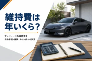 駐車場のクーペと電卓で維持費を考えるイメージ