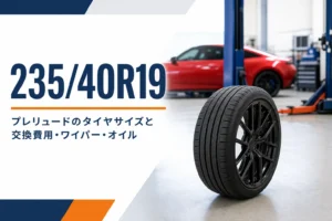 19インチのタイヤとホイールのアップとタイヤサイズの見出し