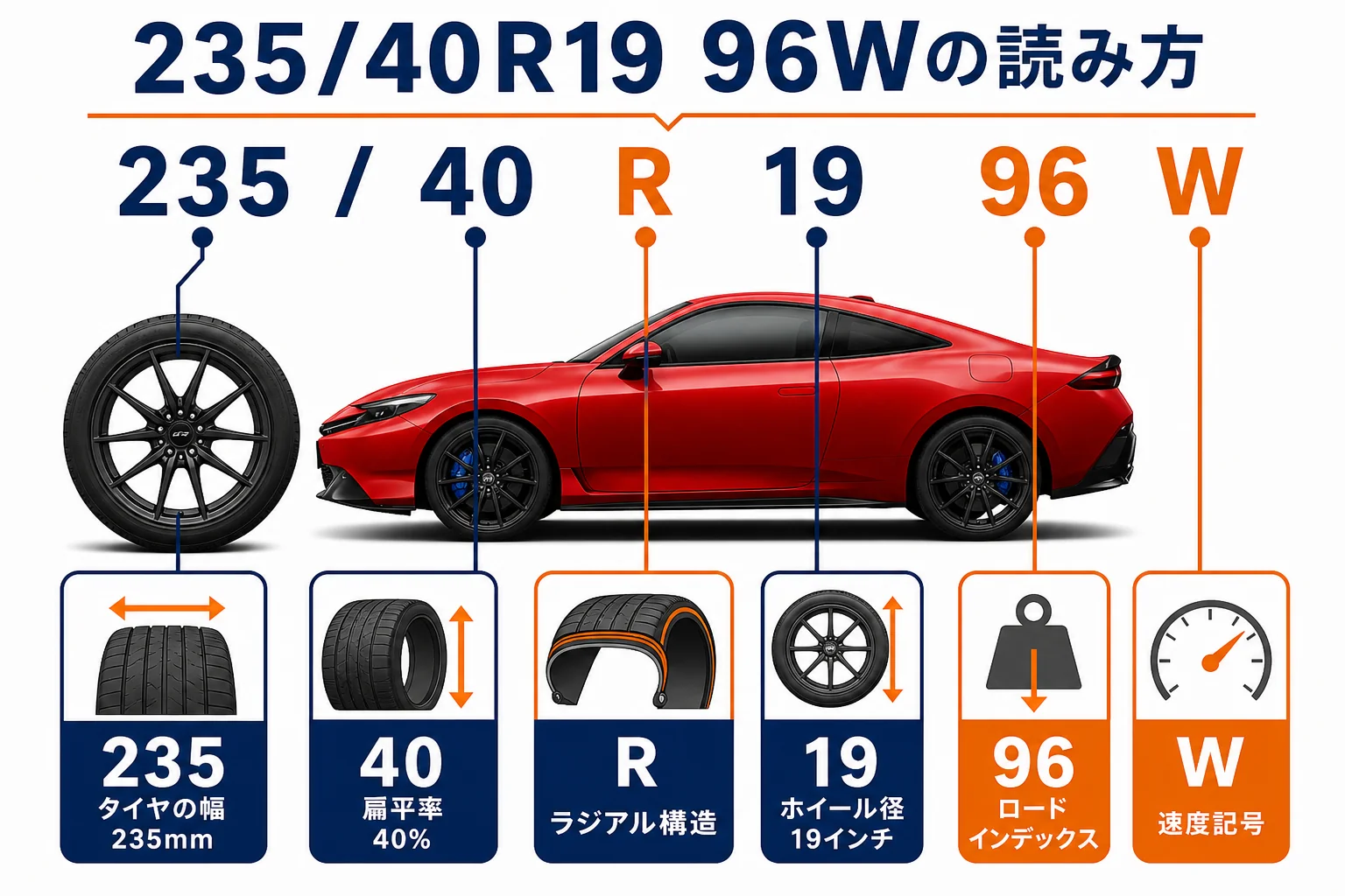 プレリュードのタイヤサイズの読み方と交換前のチェックの図解