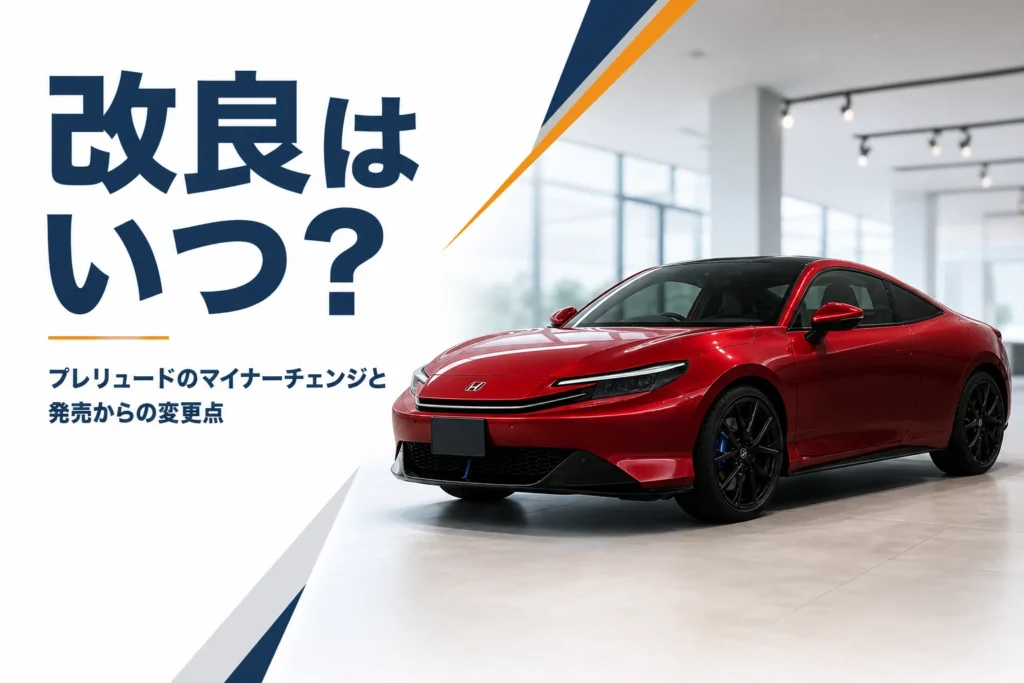 ショールームの赤いクーペと改良はいつかという見出し
