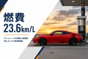 給油スタンドの赤いクーペと燃費23.6km/Lの見出し