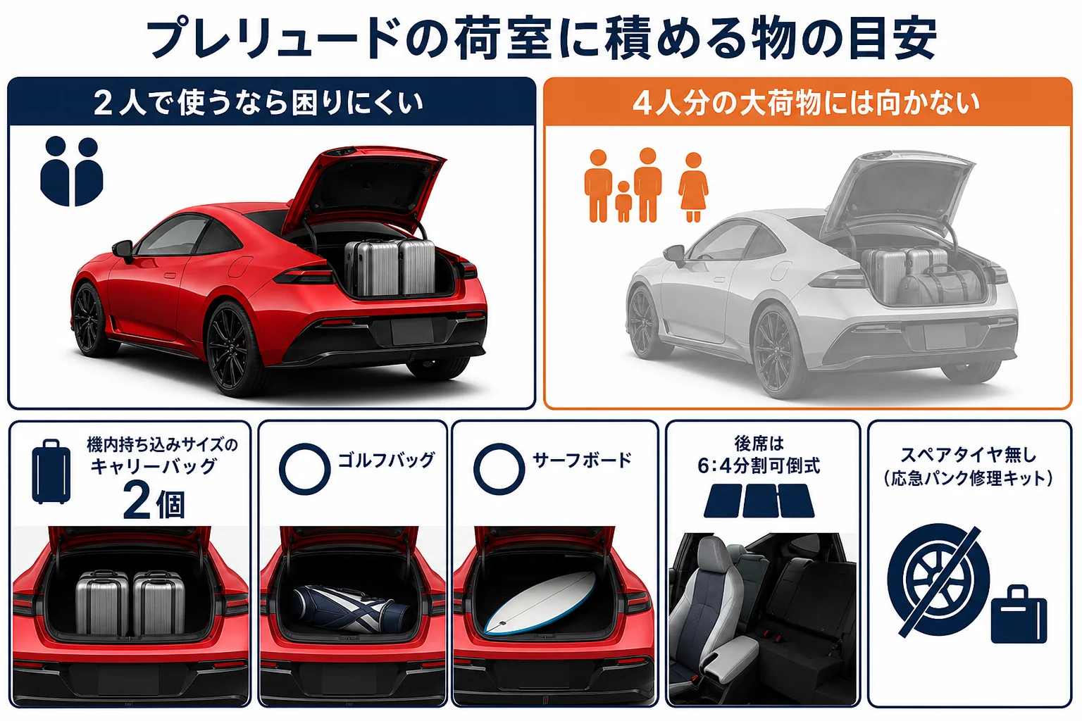 プレリュードの荷室に積める物の目安を示した図解