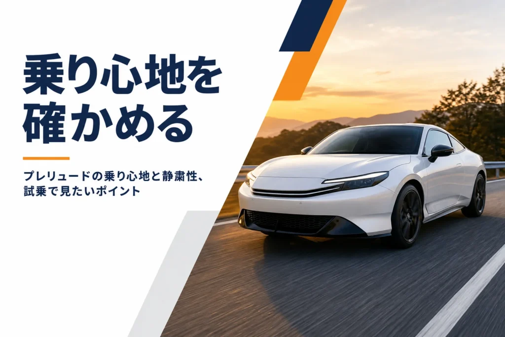 郊外の道を走る白いクーペと乗り心地を確かめるという見出し