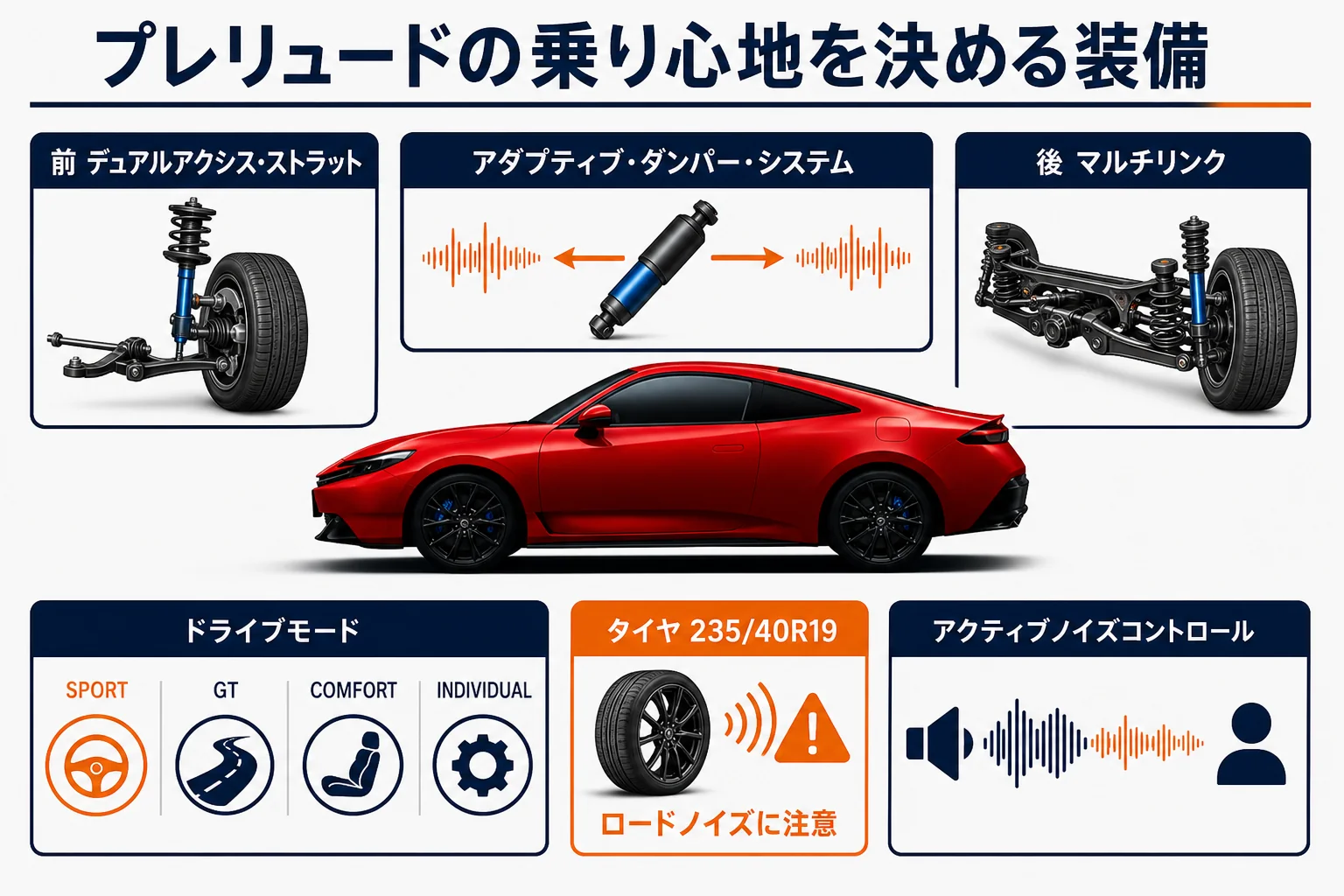 プレリュードの乗り心地に関わる装備をまとめた図解