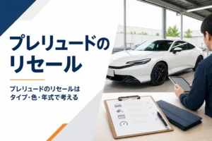 査定シートが置かれたテーブルと白い2ドアクーペ
