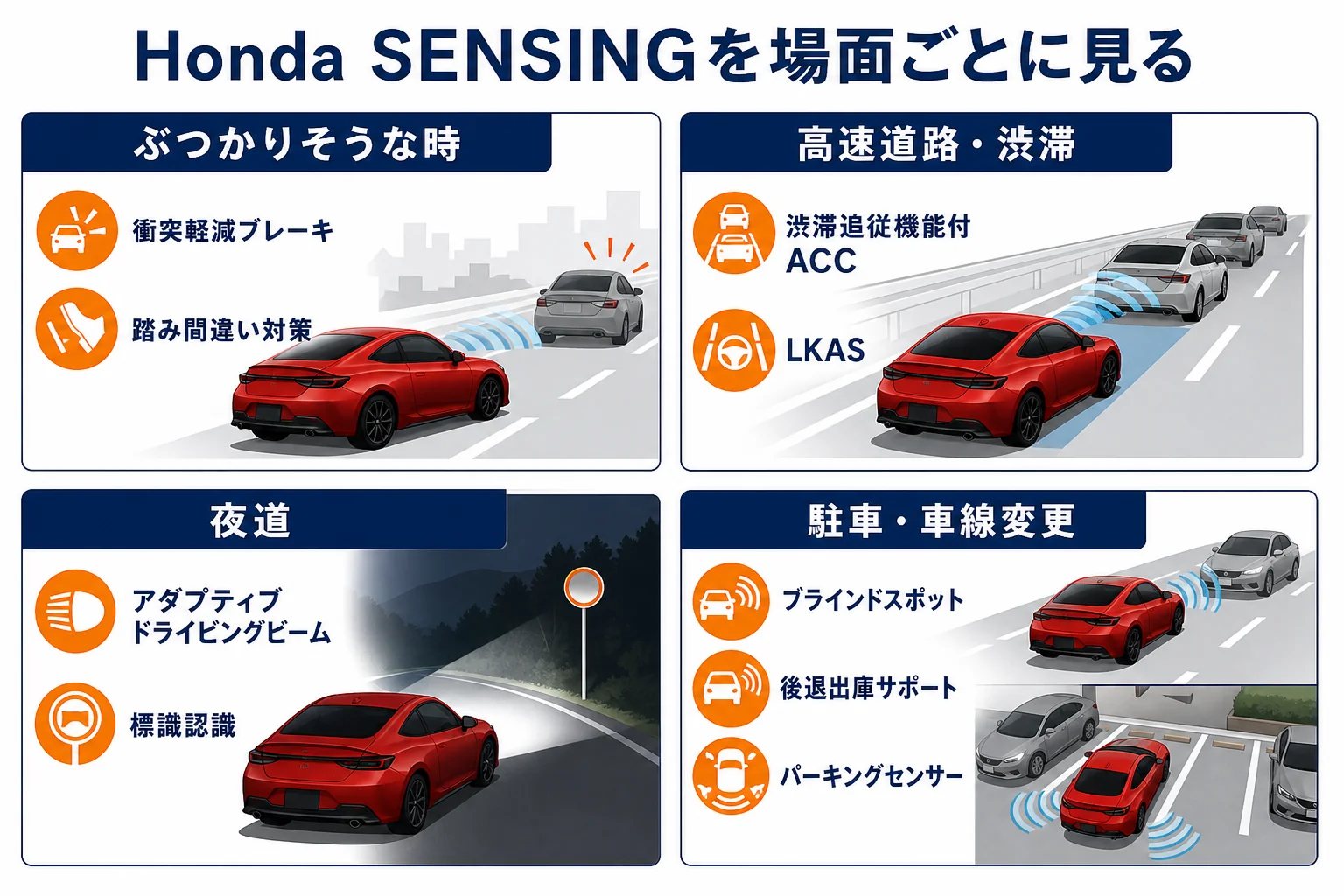 プレリュードのHonda SENSINGの機能を場面ごとに並べた図解