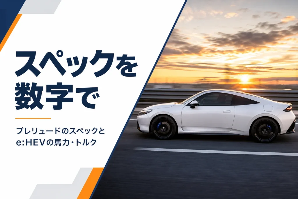 夕方の道路を走る白いクーペとスペックを数字でという見出し
