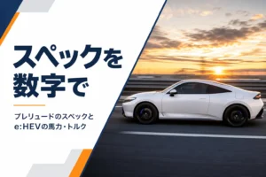 夕方の道路を走る白いクーペとスペックを数字でという見出し