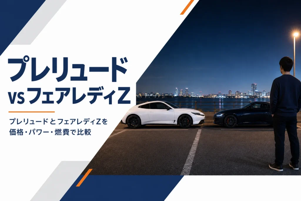 夜の駐車場に向かい合って停まる2台の2ドアクーペ