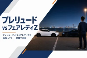 夜の駐車場に向かい合って停まる2台の2ドアクーペ