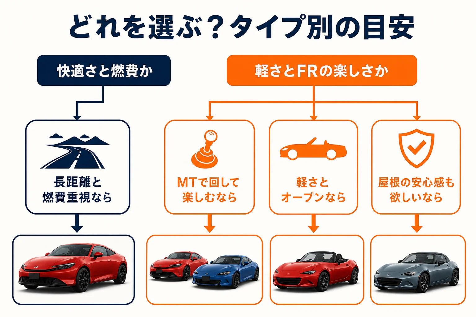 プレリュードと国産スポーツカーの選び方の目安をまとめた図解